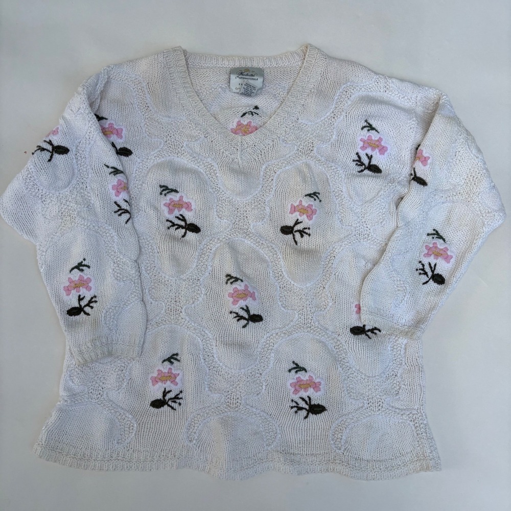 Vintage Express Handknitted Floral Ramie Cotton V-Neck Sweater Cream Pink Medium